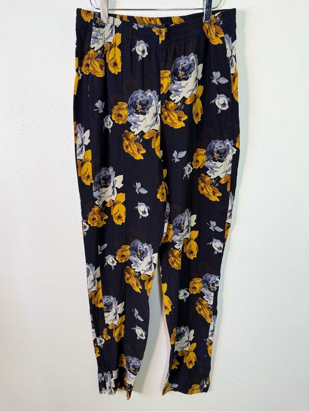 Theory Floral Pull-On Silk Blend Pants Navy Mustard Gray Size 10